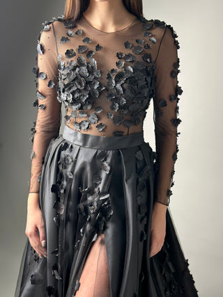 Floral Black Gothic Gown A-line with Long Sleeves