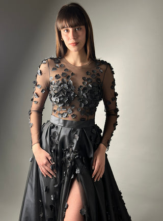 Floral Black Gothic Gown A-line with Long Sleeves
