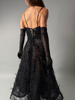 Black Elegant Couture Gown A-Line Midi with Ostrich Feathers - Dresses Dioma
