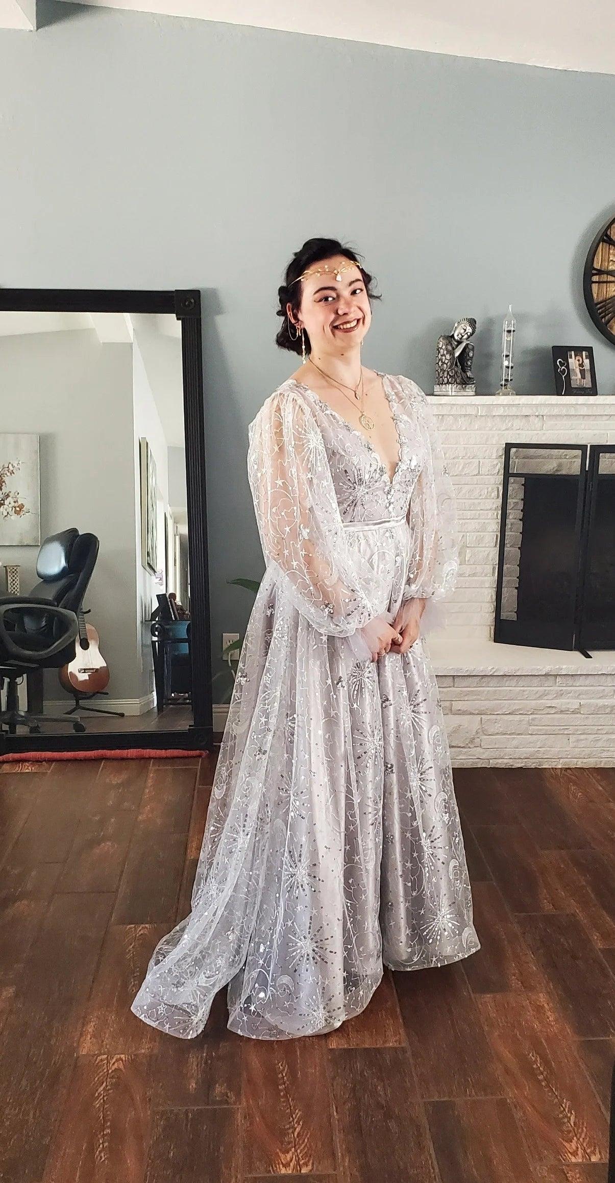 Celestial Unique Boho Wedding Dress in gray