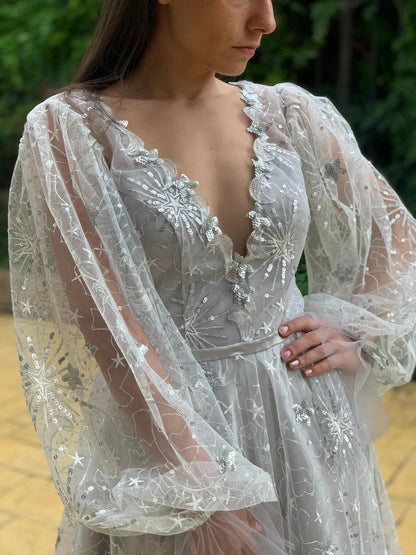 Celestial Unique Boho Wedding Dress in gray - Dresses Dioma