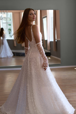 Floral Lace Modern Square Neck Wedding Gown Open Back
