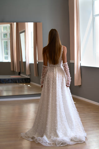 Floral Lace Modern Square Neck Wedding Gown Open Back