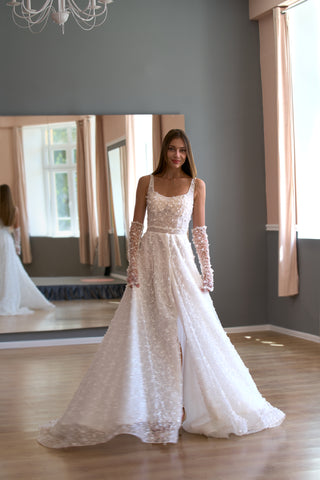 Floral Lace Modern Square Neck Wedding Gown Open Back