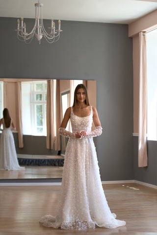 Floral Lace Modern Square Neck Wedding Gown Open Back