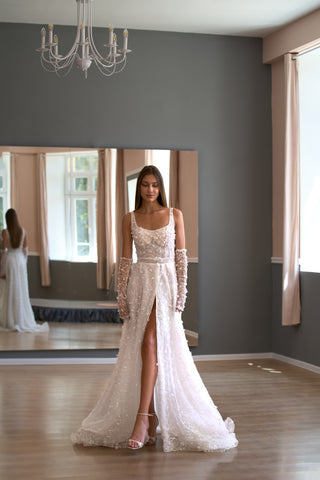 Floral Lace Modern Square Neck Wedding Gown Open Back