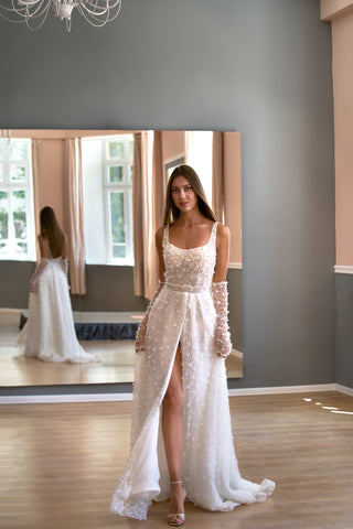 Floral Lace Modern Square Neck Wedding Gown Open Back
