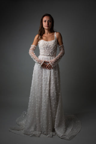 Floral Lace Modern Square Neck Wedding Gown Open Back