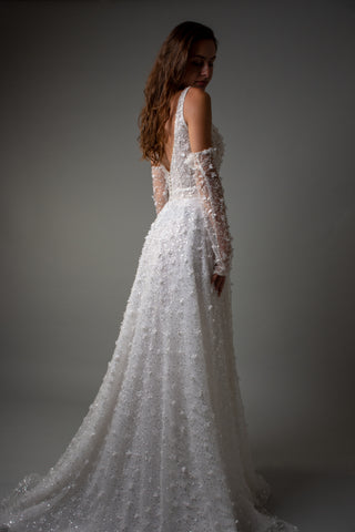 Floral Lace Modern Square Neck Wedding Gown Open Back
