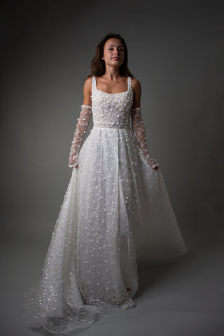 Floral Lace Modern Square Neck Wedding Gown Open Back