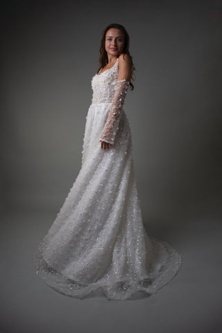 Floral Lace Modern Square Neck Wedding Gown Open Back