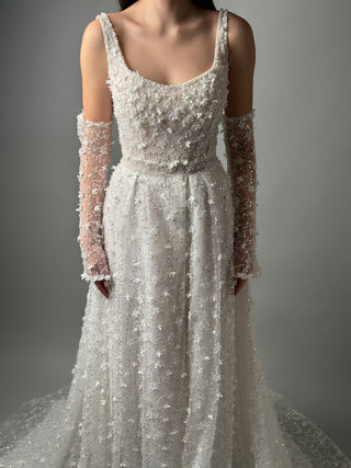 Floral Lace Modern Square Neck Wedding Gown Open Back
