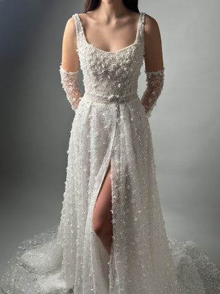 Floral Lace Modern Square Neck Wedding Gown Open Back
