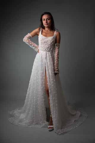 Floral Lace Modern Square Neck Wedding Gown Open Back