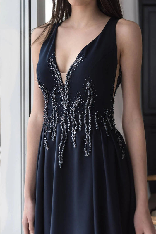 Dark Blue Gown Deep V Open Back - Dresses Dioma