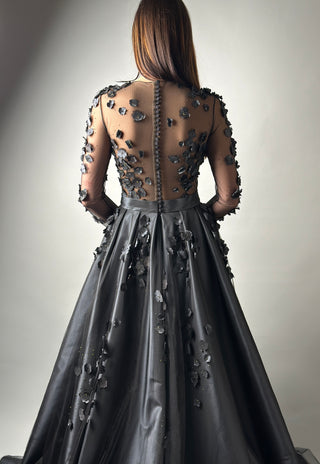 Floral Black Gothic Gown A-line with Long Sleeves