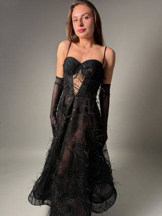 Black Elegant Couture Gown A-Line Midi with Ostrich Feathers - Dresses Dioma