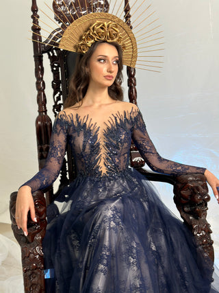 Unique Blue Lace Gown with Long Sleeves - Dresses Dioma
