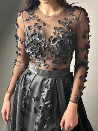 Floral Black Gothic Gown A-line with Long Sleeves