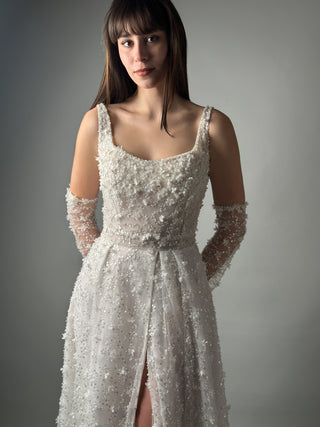 Floral Lace Modern Square Neck Wedding Gown Open Back