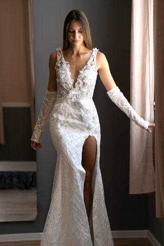 Floral Open Back Modern Deep V Mermaid Wedding Gown Florine