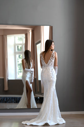 Floral Open Back Modern Deep V Mermaid Wedding Gown Florine