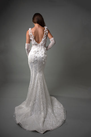 Floral Open Back Modern Deep V Mermaid Wedding Gown Florine