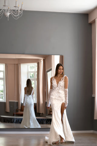 Floral Open Back Modern Deep V Mermaid Wedding Gown Florine