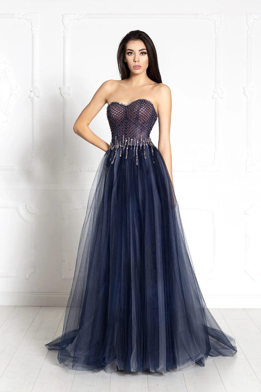 Dark Blue Strapless Elegant Gown - Dresses Dioma