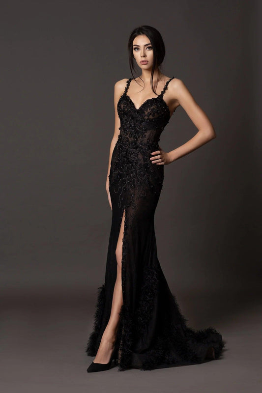 Unique Black Lace Gown with slit - Dresses Dioma