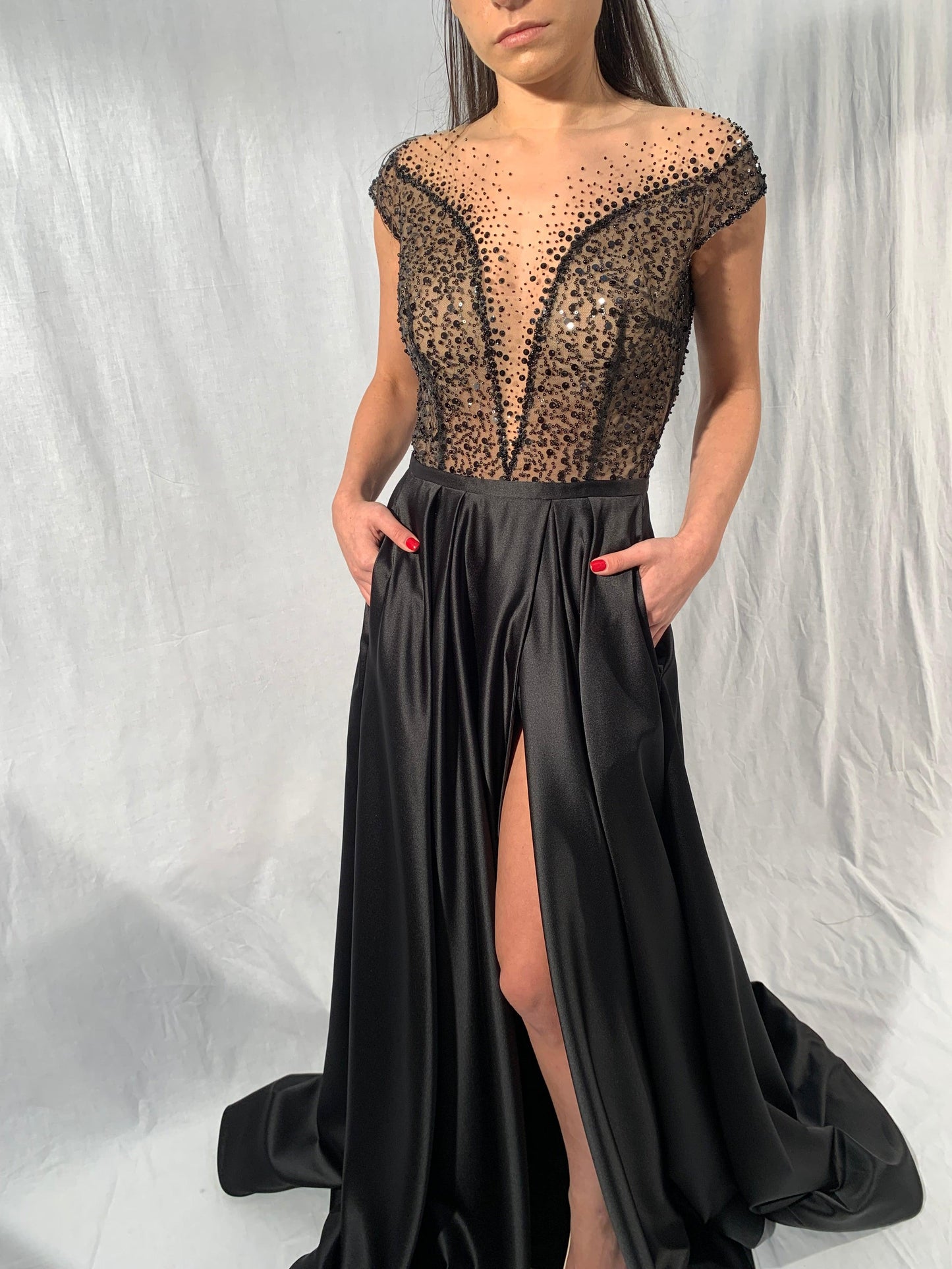 Black Wedding Dress Alternative Illusion Neckline and Pockets - Dresses Dioma