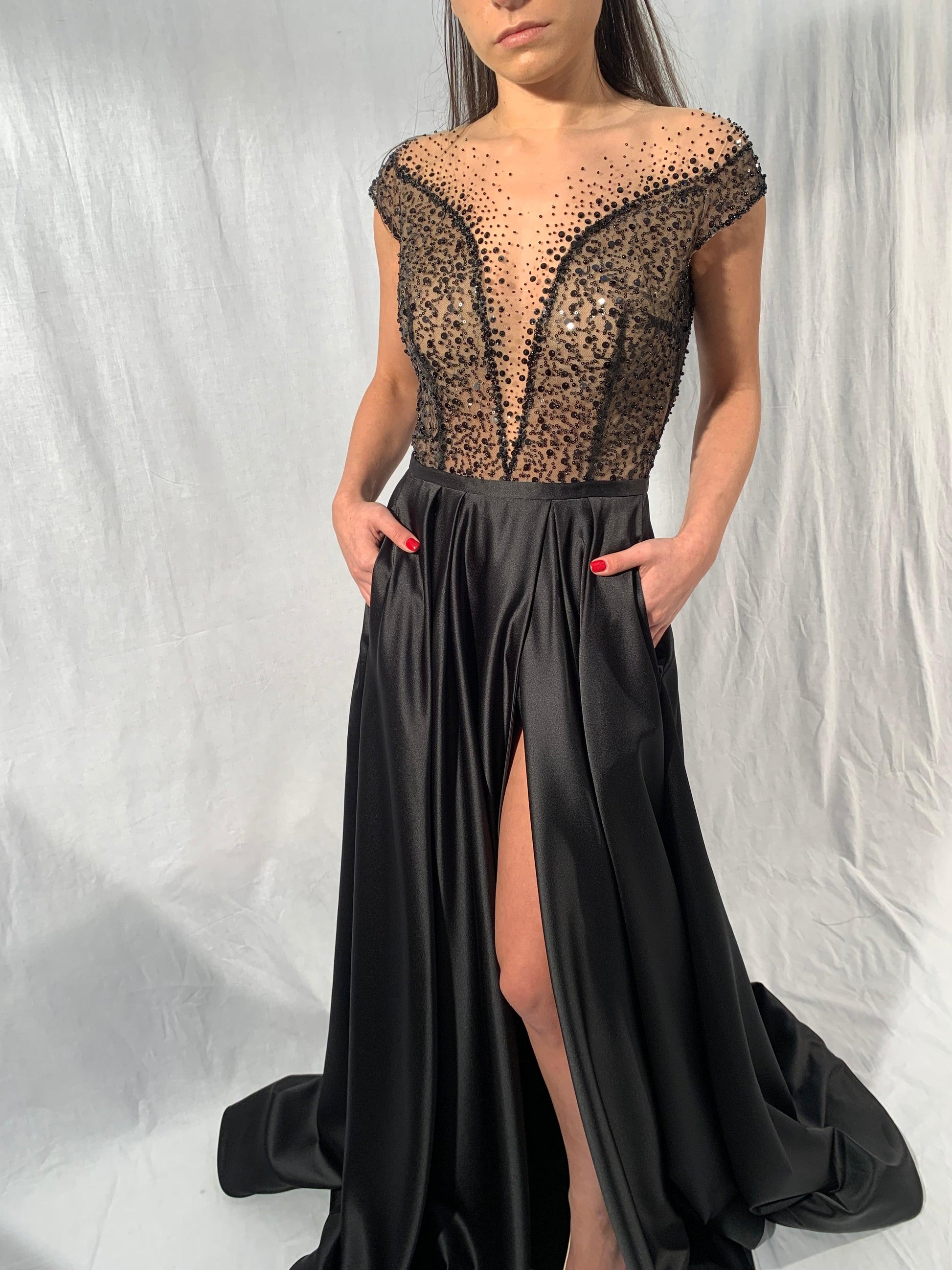 Black Wedding Dress Alternative Illusion Neckline and Pockets - In Stock - Dresses Dioma