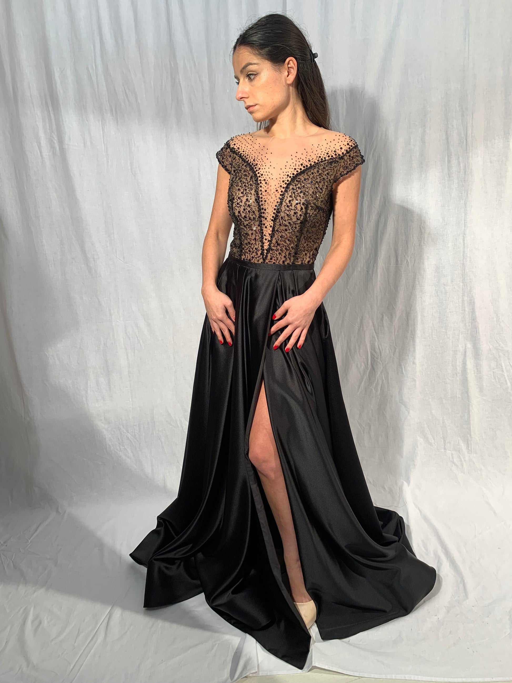 Black Wedding Dress Alternative Illusion Neckline and Pockets - Dresses Dioma