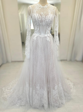 High Neck Floral Lace A-line Gown Maggie - Dresses Dioma