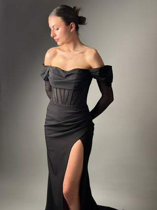 Black Mermaid Crepe Gown Long Sleeves