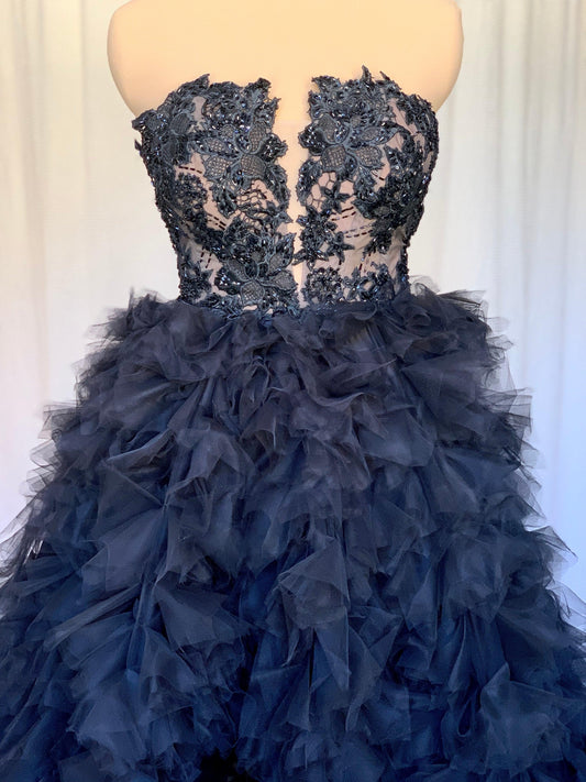 Black Lace Gown with Detachable Tulle Train - Dresses Dioma