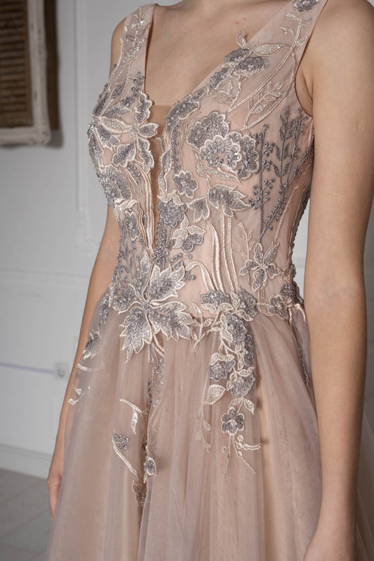 Floral Lace Blush Pink Tulle Gown