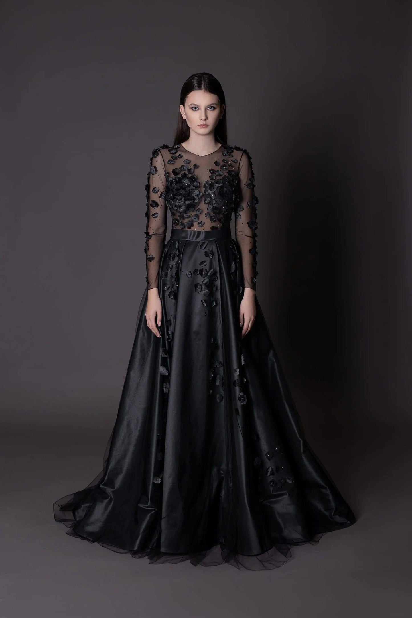 Floral Black Gothic Gown A-line with Long Sleeves - Dresses Dioma