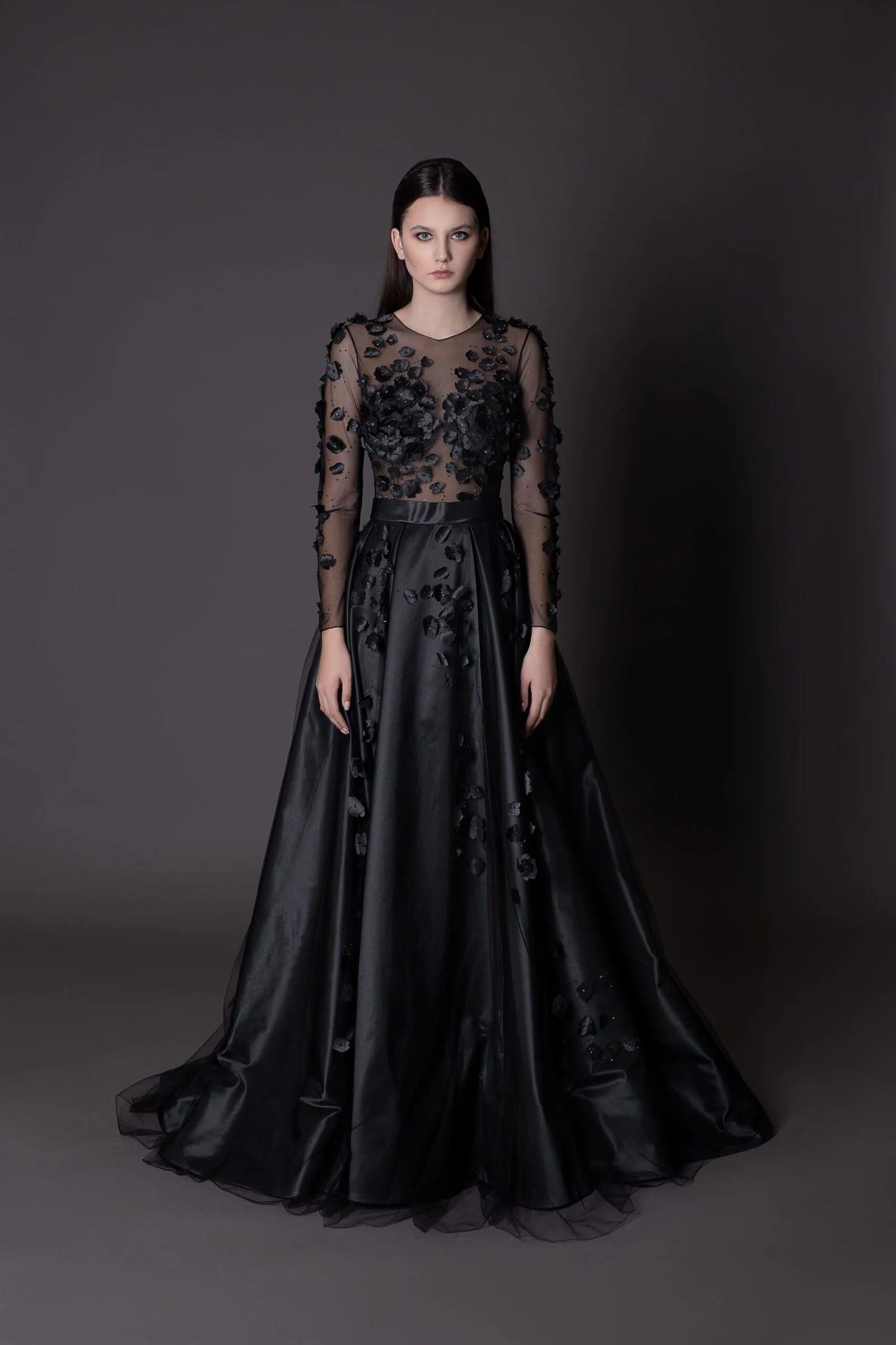 Floral Black Gothic Gown A-line with Long Sleeves - Dresses Dioma