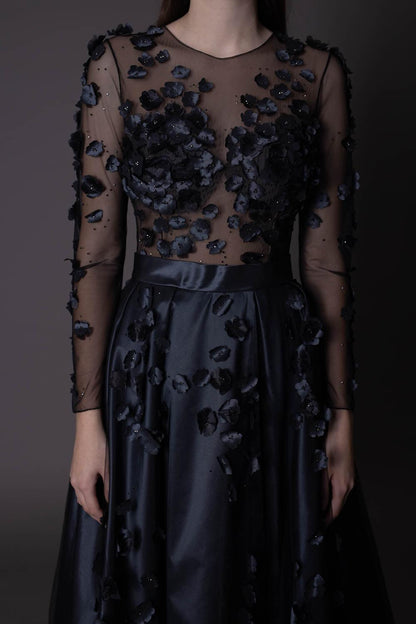 Floral Black Gothic Gown A-line with Long Sleeves - Dresses Dioma