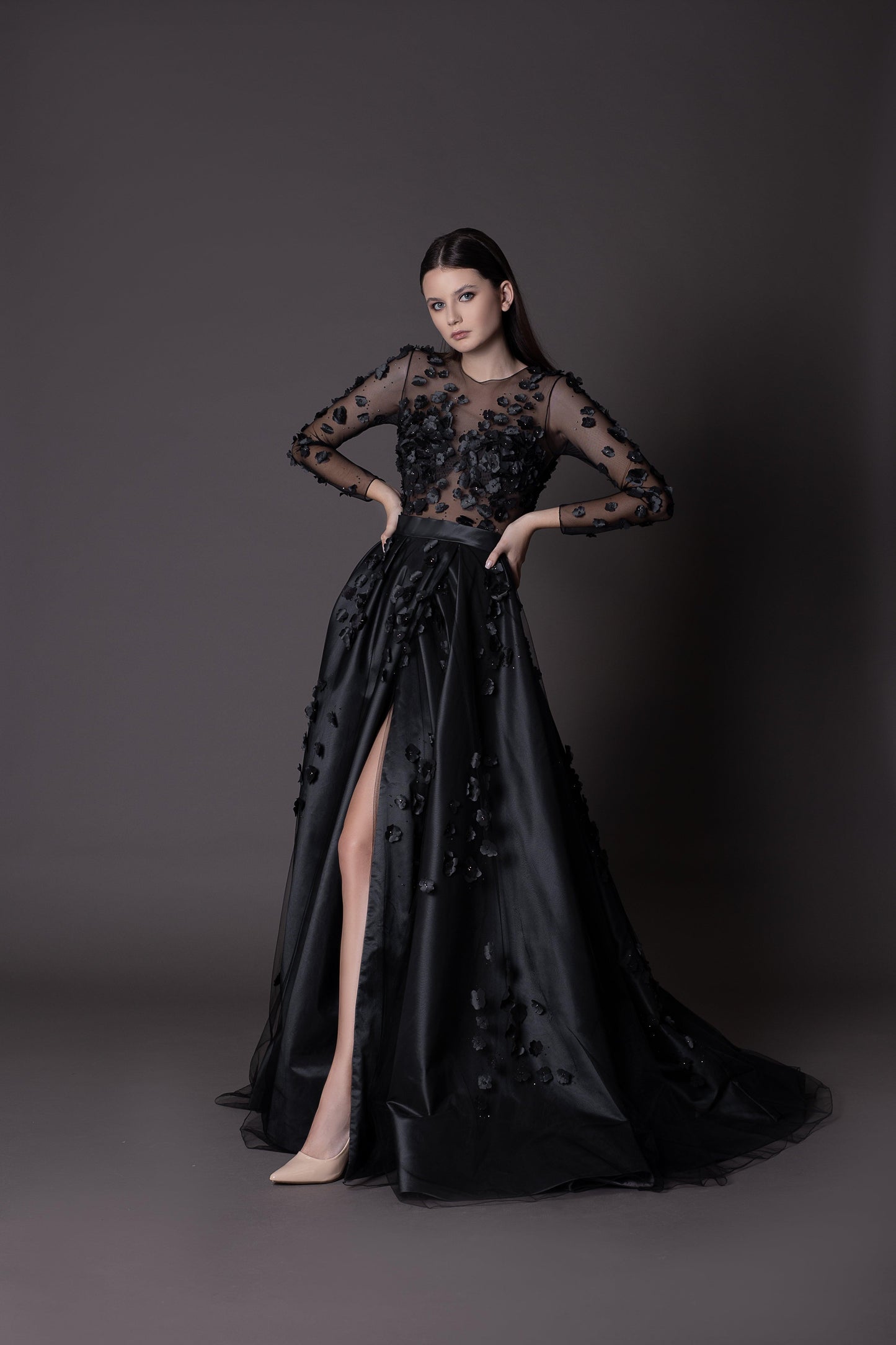 Floral Black Gothic Gown A-line with Long Sleeves - Dresses Dioma