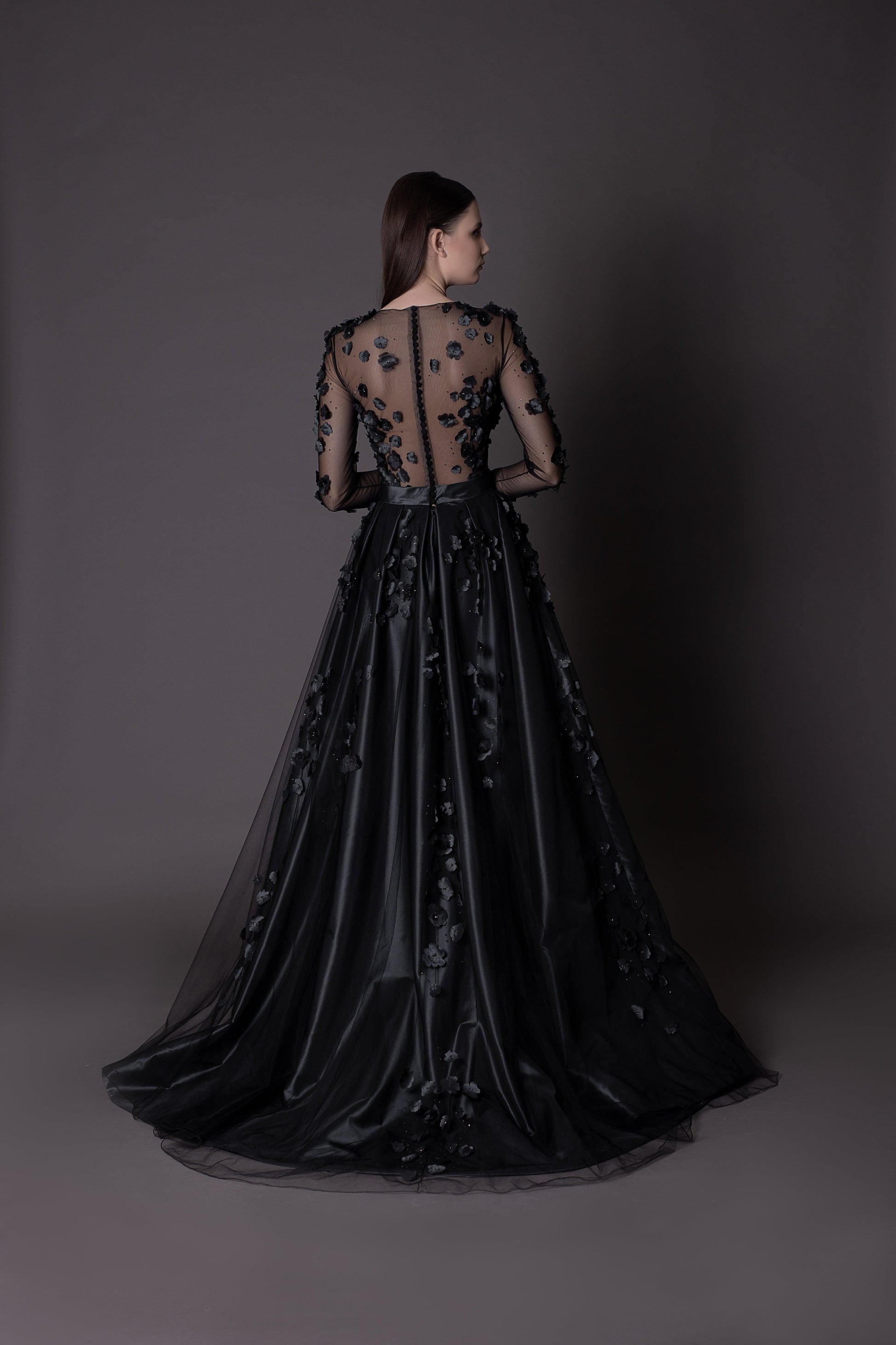 Floral Black Gothic Gown A-line with Long Sleeves - Dresses Dioma