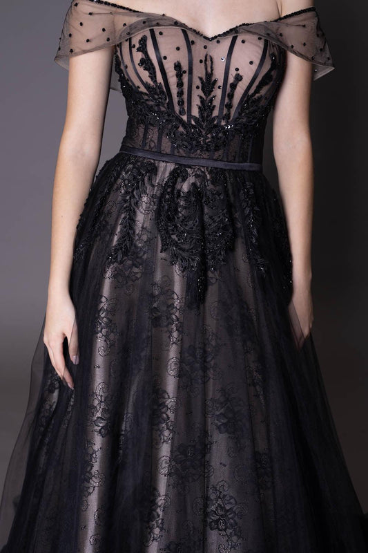 Black Lace Gown A-Line- In Stock - Dresses Dioma