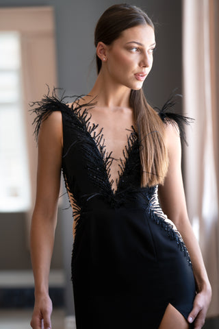 Black Lace Gothic Mermaid Gown Mary with Deep V