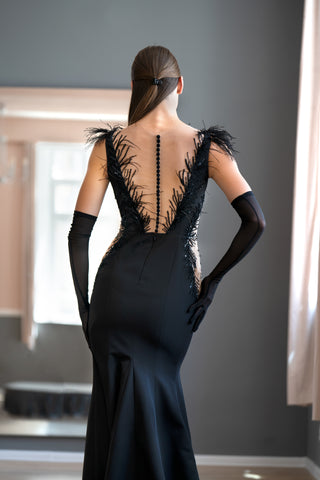 Black Lace Gothic Mermaid Gown Mary with Deep V