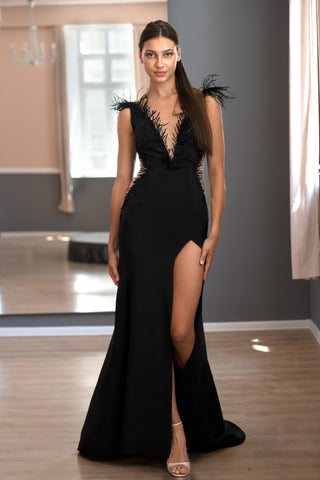 Black Lace Gothic Mermaid Gown Mary with Deep V