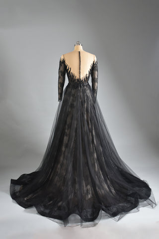 Black Lace Gown Deep V Long Sleeve Two Piece Dress