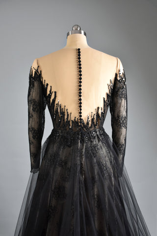 Black Lace Gown Deep V Long Sleeve Two Piece Dress