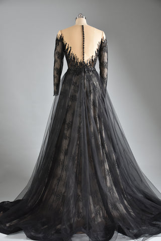 Black Lace Gown Deep V Long Sleeve Two Piece Dress