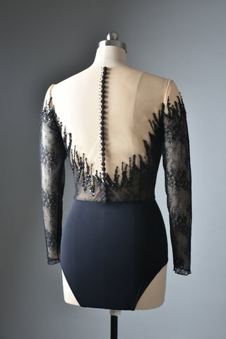 Black Lace Gown Deep V Long Sleeve Two Piece Dress
